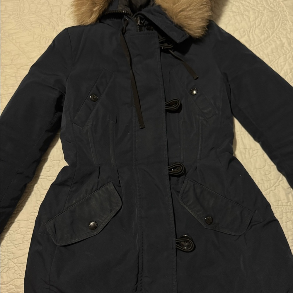 Moncler Dark Blue Jacket with Faux Fur Collar